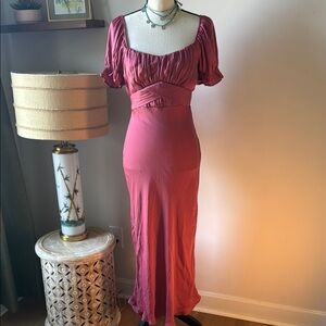 Trixxi Pink Ruched Midi Gown with Puff Sleeves